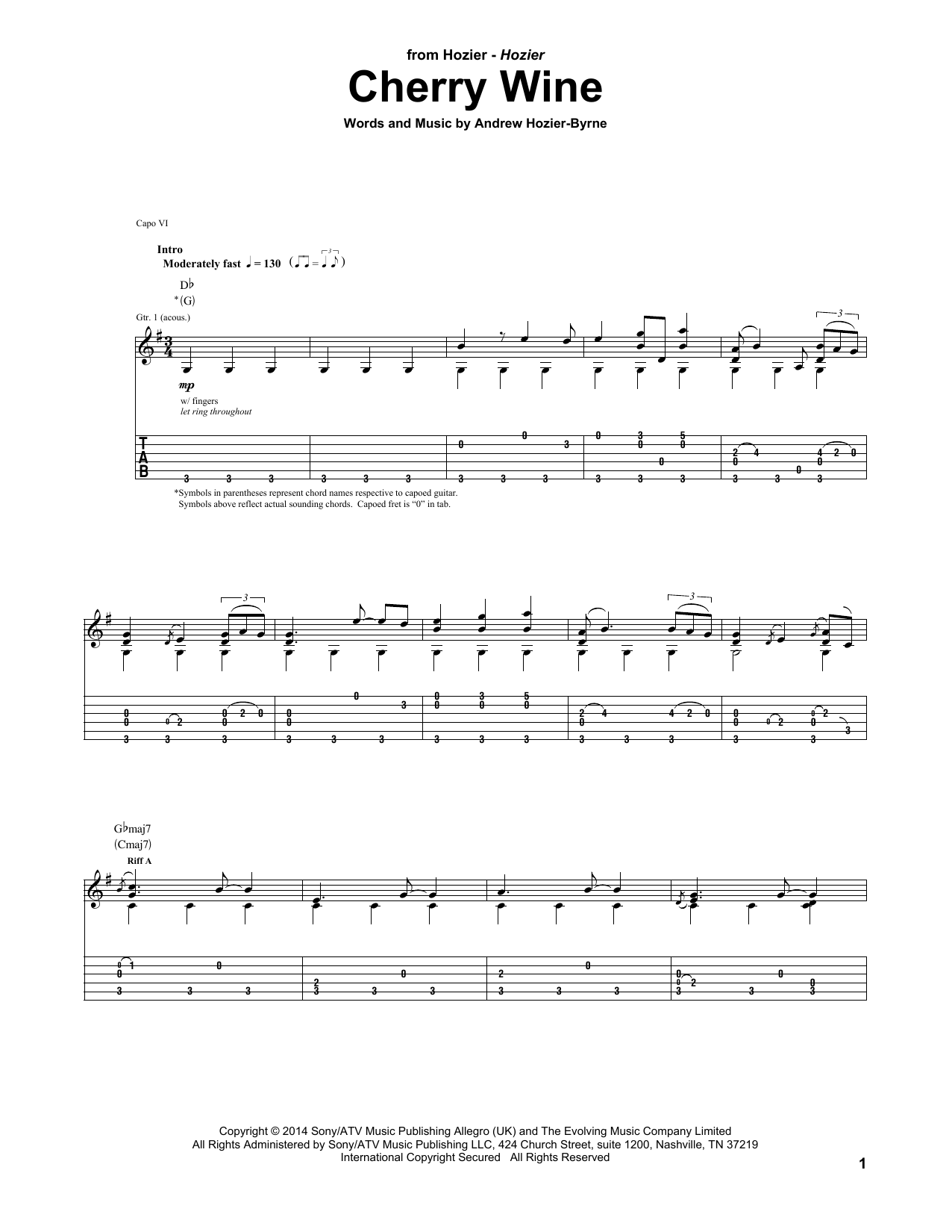 Hozier Cherry Wine sheet music notes and chords. Download Printable PDF.