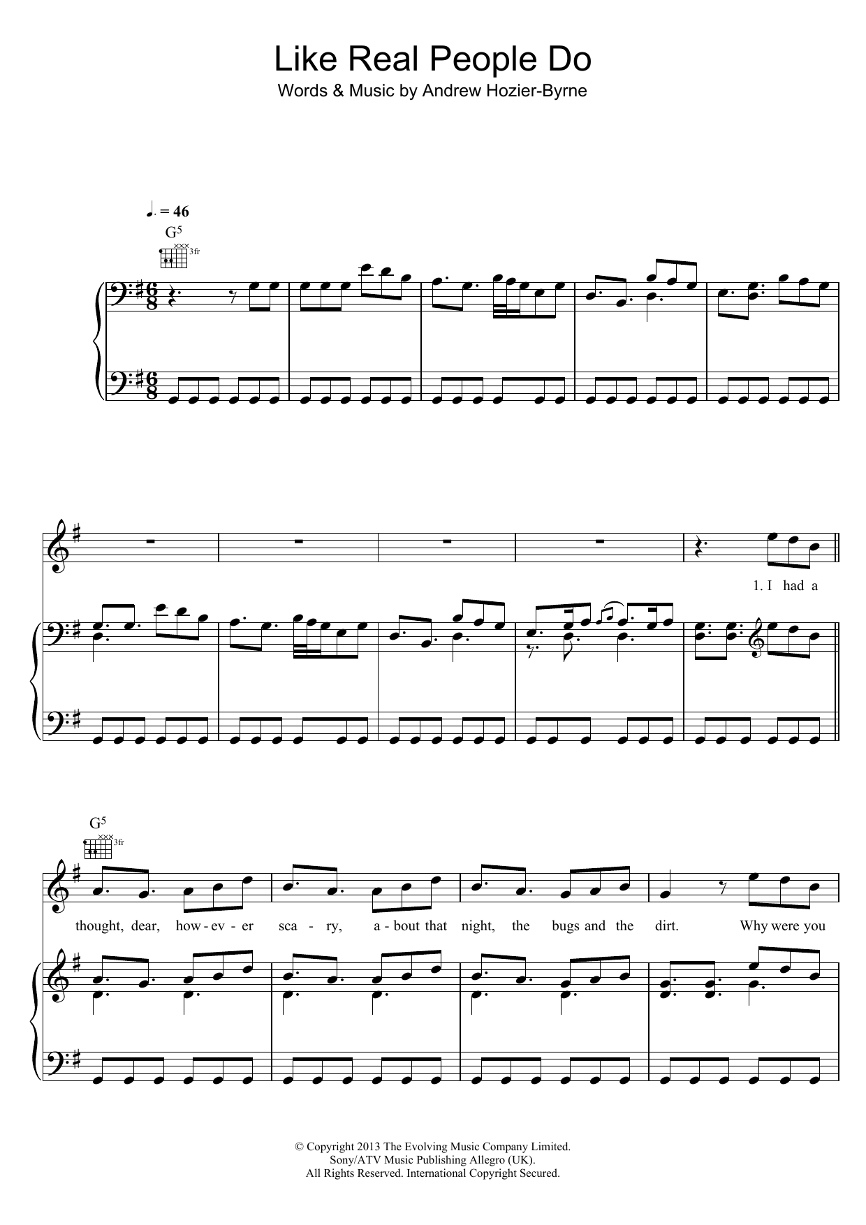 Hozier Like Real People Do sheet music notes and chords. Download Printable PDF.