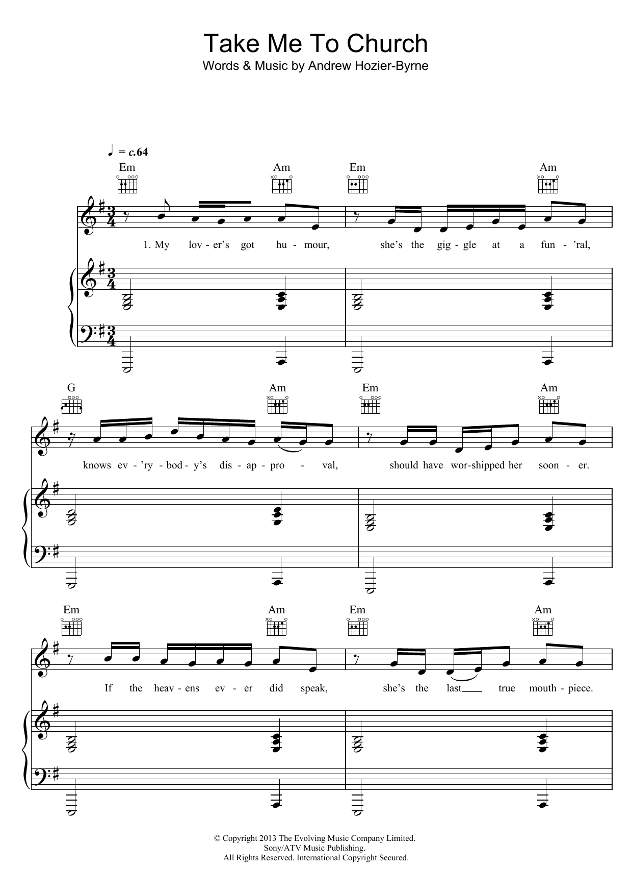 Hozier Take Me To Church sheet music notes and chords. Download Printable PDF.