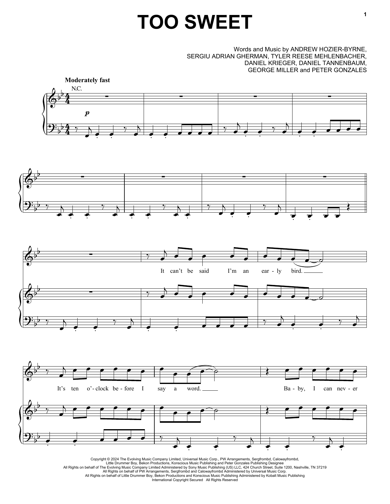 Hozier Too Sweet sheet music notes and chords. Download Printable PDF.