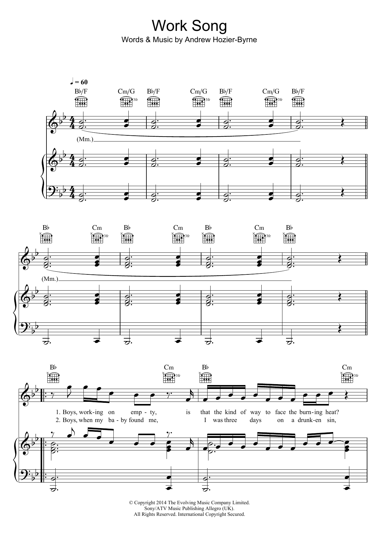 Hozier Work Song sheet music notes and chords. Download Printable PDF.