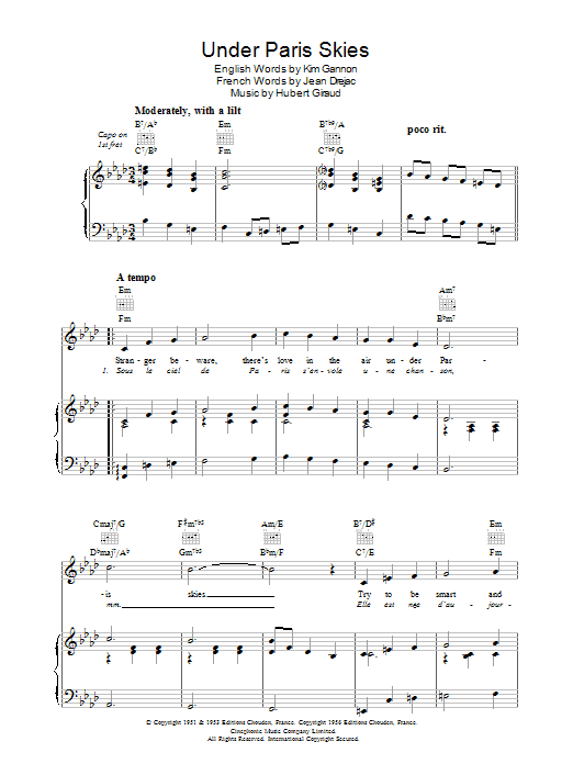 Hubert Giraud Under Paris Skies (Sous Le Ciel De Paris) sheet music notes and chords. Download Printable PDF.