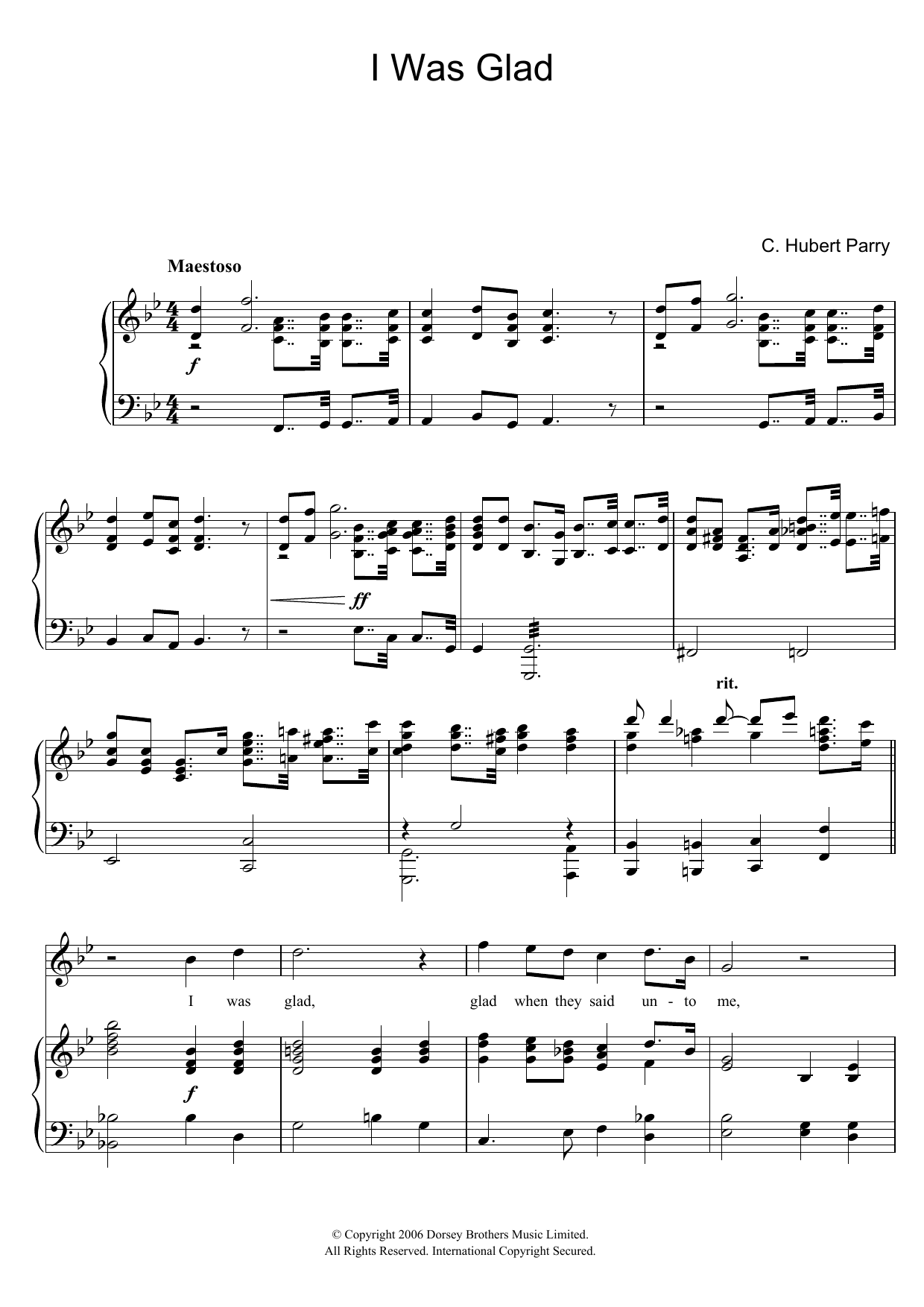 Learn to play Hubert Parry I Was Glad sheet music for Piano & Vocal in minutes. Price: 7.8900$ Hubert Parry I Was Glad sheet music notes and chords arranged for Piano & Vocal