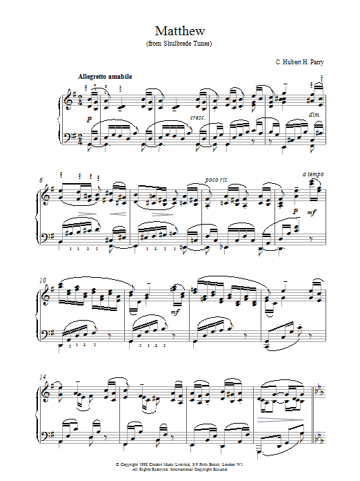 Hubert Parry Matthew From Shulbrede Tunes sheet music notes and chords arranged for Piano Solo