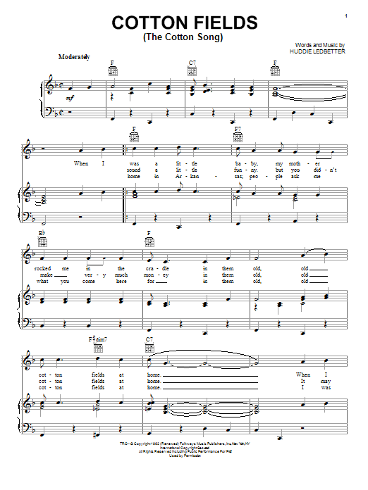 Huddie Ledbetter Cotton Fields (The Cotton Song) sheet music notes and chords. Download Printable PDF.