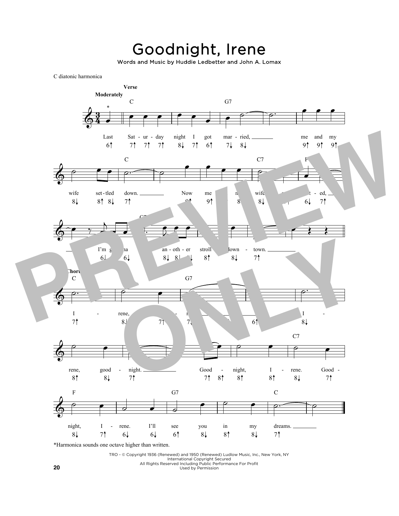 Huddie Ledbetter Goodnight, Irene sheet music notes and chords. Download Printable PDF.