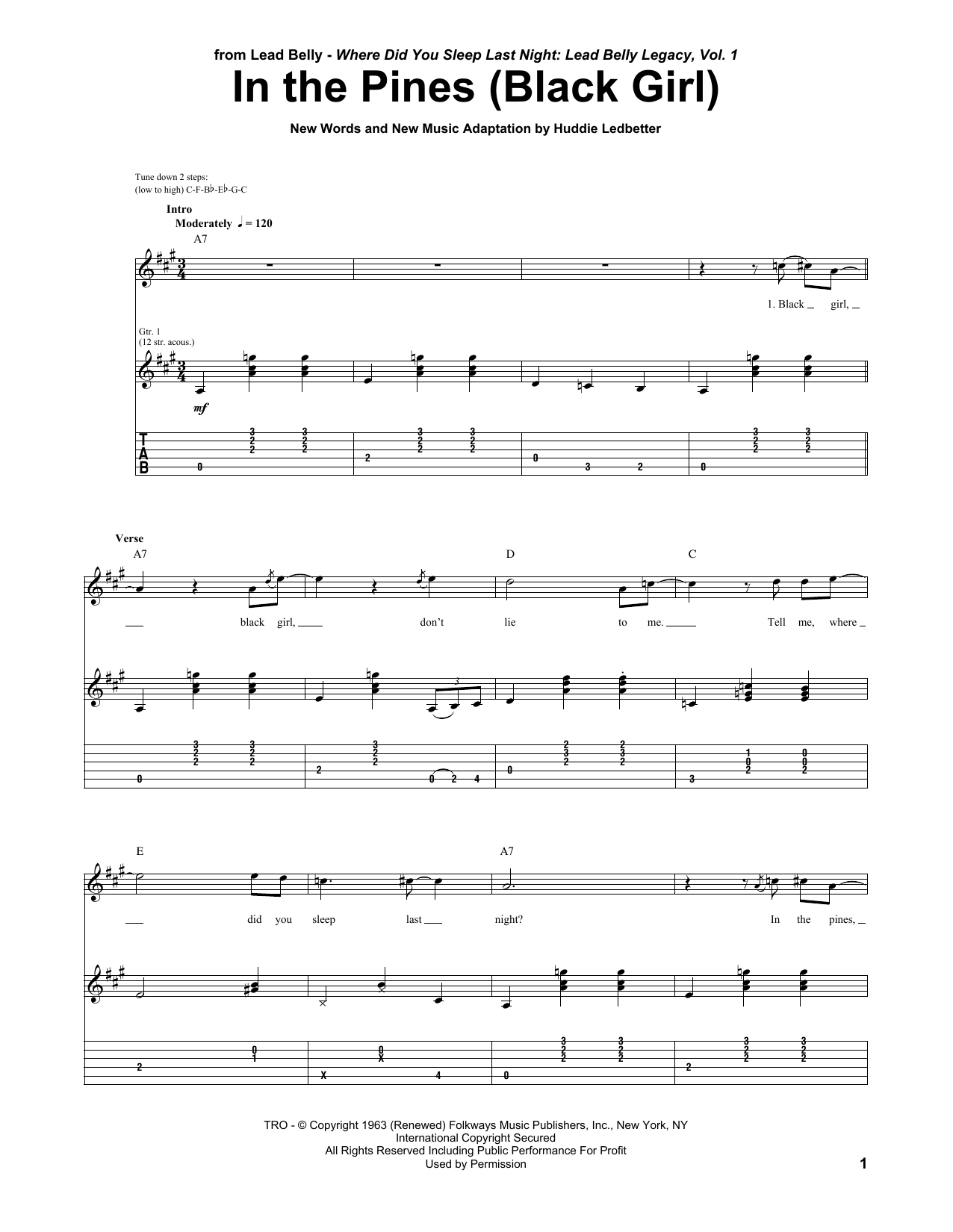 Learn to play Huddie Ledbetter In The Pines (Black Girl) sheet music for Guitar Tab in minutes. Price: 7.8900$ Huddie Ledbetter In The Pines (Black Girl) sheet music notes and chords arranged for Guitar Tab