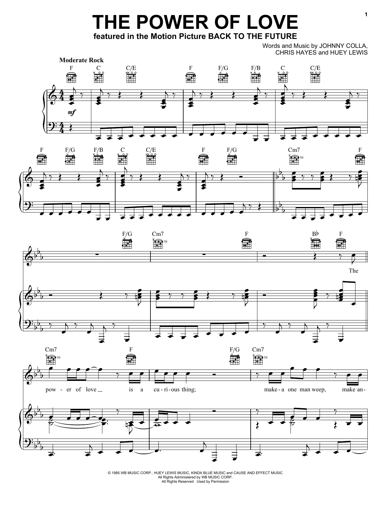 Huey Lewis & The News The Power Of Love sheet music notes and chords. Download Printable PDF.