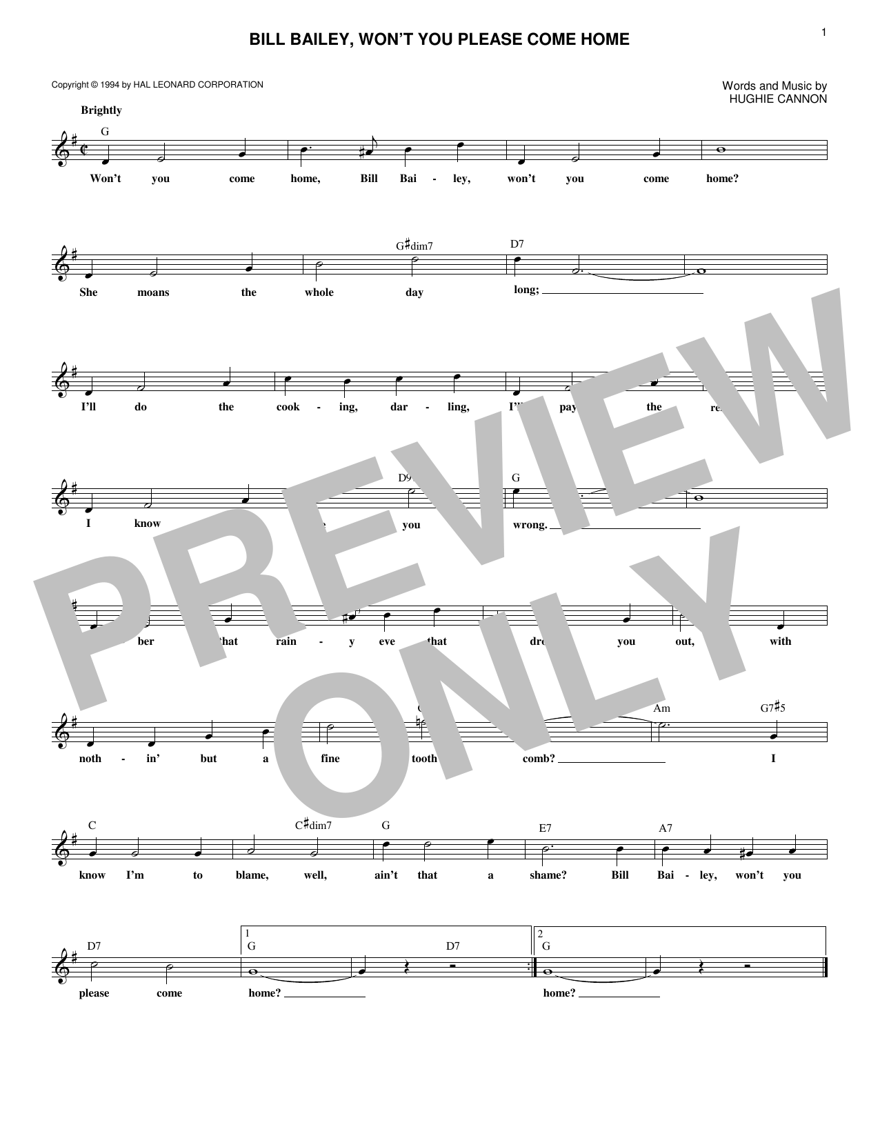 Hughie Cannon Bill Bailey, Won't You Please Come Home sheet music notes and chords. Download Printable PDF.