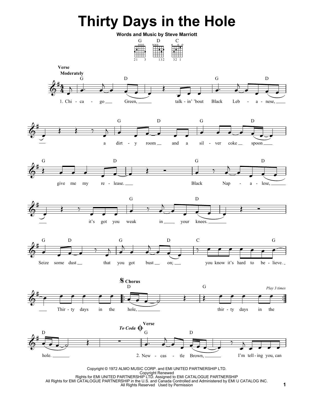 Humble Pie Thirty Days In The Hole sheet music notes and chords. Download Printable PDF.