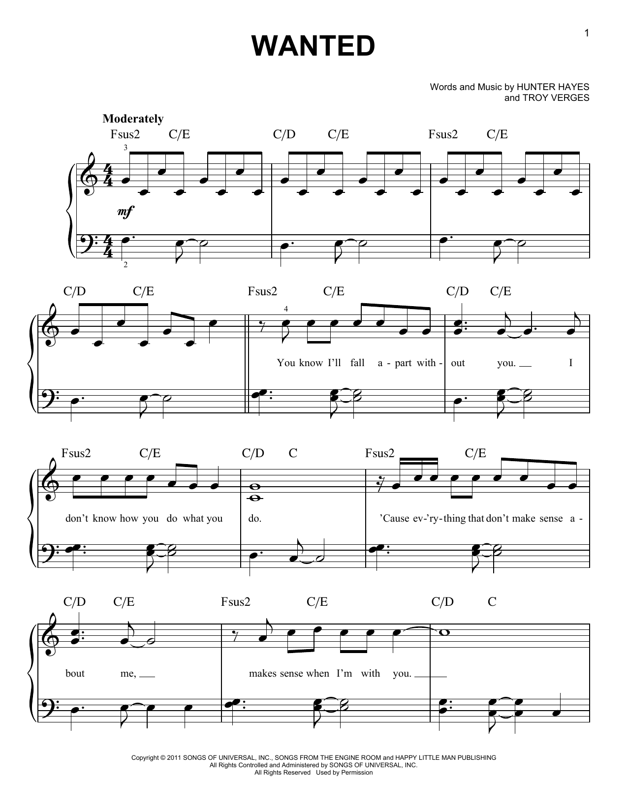 Hunter Hayes Wanted sheet music notes and chords. Download Printable PDF.