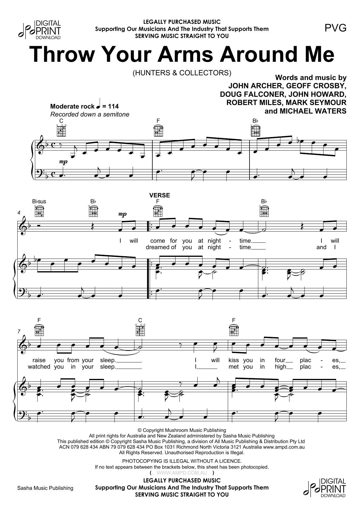 Hunters & Collectors Throw Your Arms Around Me sheet music notes and chords arranged for Piano, Vocal & Guitar Chords (Right-Hand Melody)