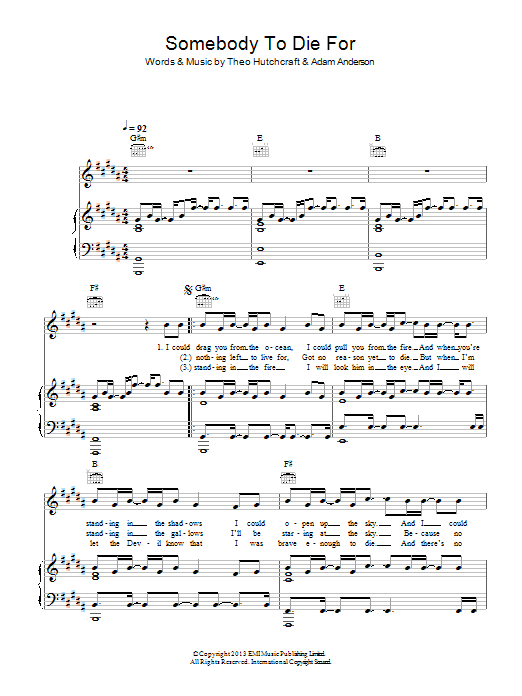 Learn to play Hurts Somebody To Die For sheet music for Piano, Vocal & Guitar Chords in minutes. Price: 7.8900$ Hurts Somebody To Die For sheet music notes and chords arranged for Piano, Vocal & Guitar Chords