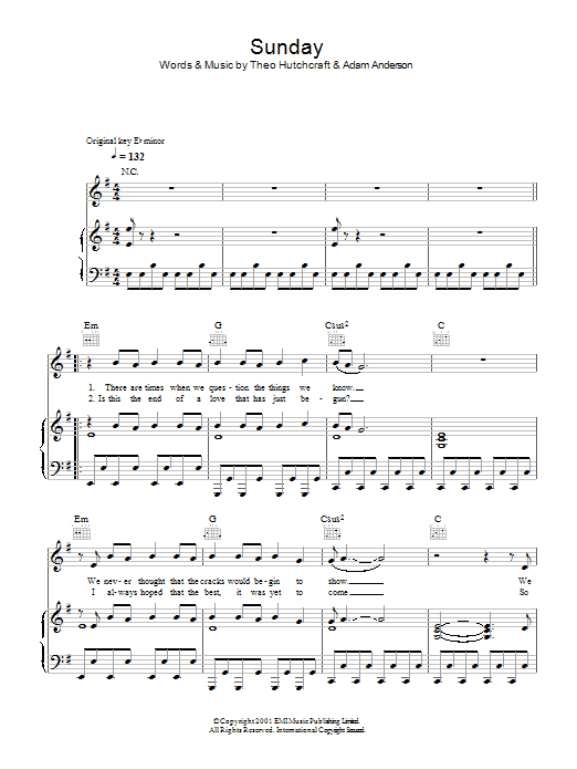 Learn to play Hurts Sunday sheet music for Piano, Vocal & Guitar Chords in minutes. Price: 7.8900$ Hurts Sunday sheet music notes and chords arranged for Piano, Vocal & Guitar Chords