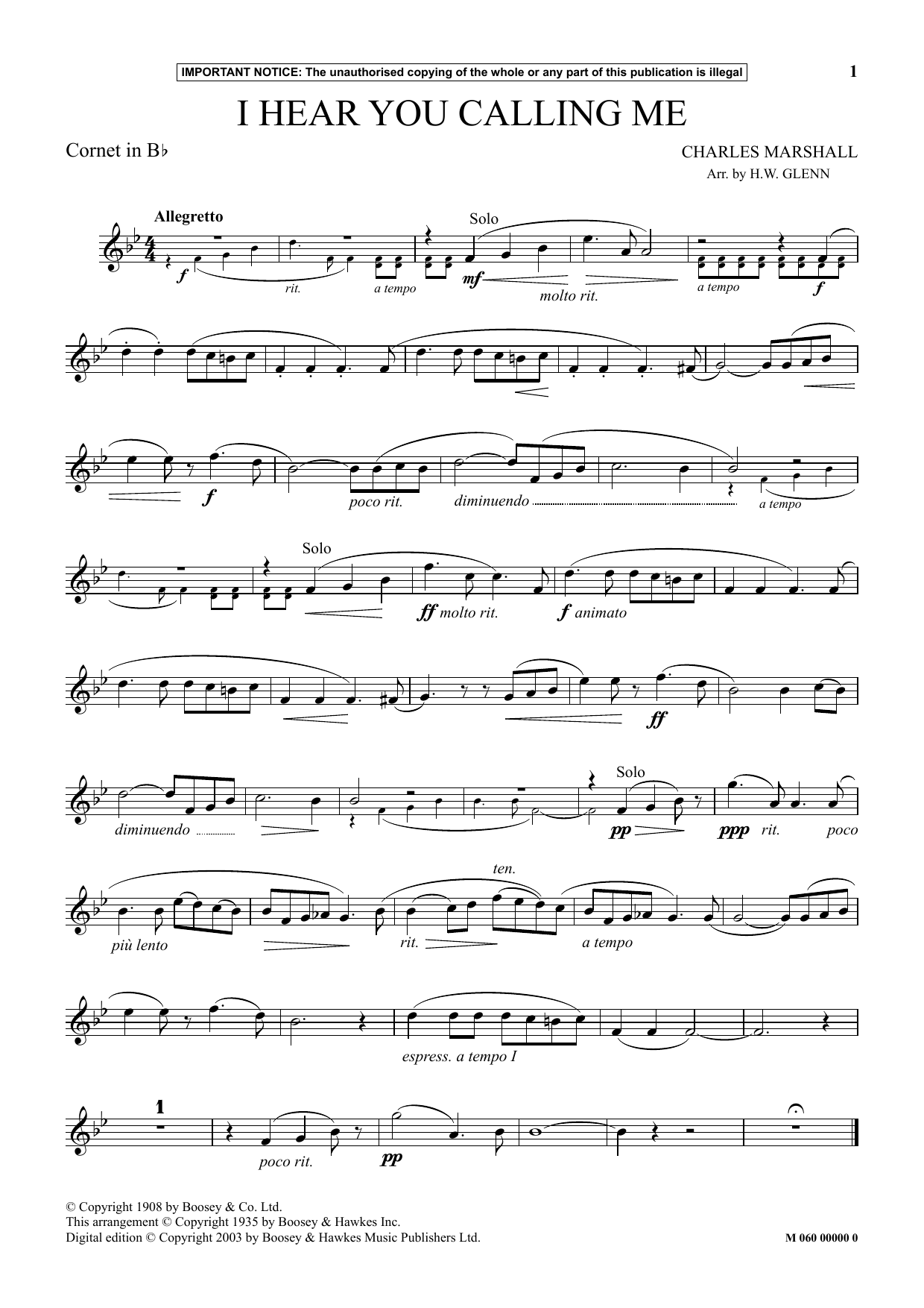 Learn to play H.W. Glenn I Hear You Calling Me sheet music for Instrumental Solo in minutes. Price: 5.9900$ H.W. Glenn I Hear You Calling Me sheet music notes and chords arranged for Instrumental Solo