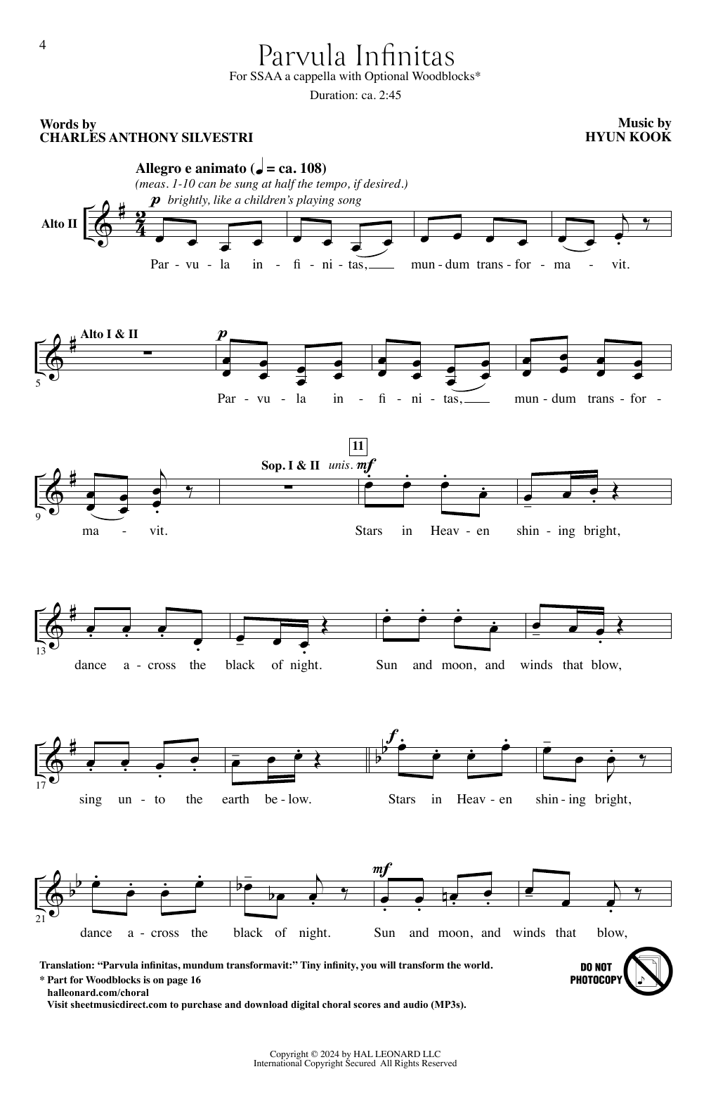 Learn to play Hyun Kook Parvula Infinitas sheet music for SSAA Choir in minutes. Price: 3.9900$ Hyun Kook Parvula Infinitas sheet music notes and chords arranged for SSAA Choir
