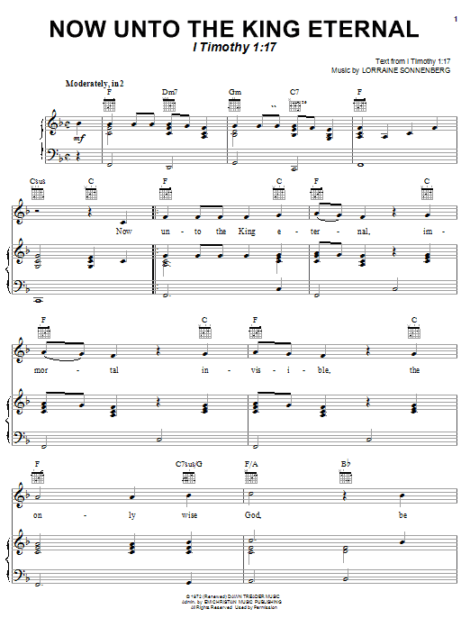 I Timothy 1 17: Now Unto The King Eternal sheet music notes and chords. Download Printable PDF.