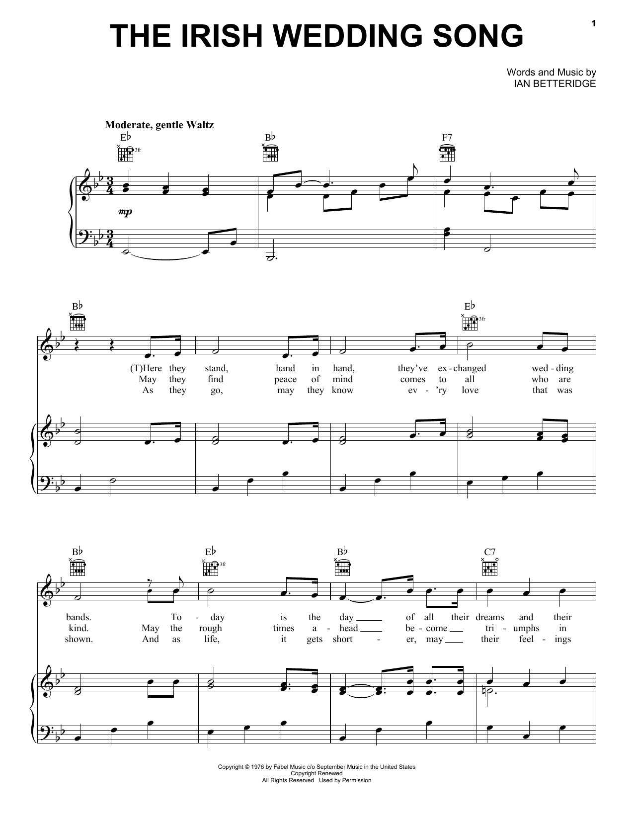 Learn to play Ian Betteridge The Irish Wedding Song sheet music for Piano, Vocal & Guitar Chords (Right-Hand Melody) in minutes. Price: 7.8900$ Ian Betteridge The Irish Wedding Song sheet music notes and chords arranged for Piano, Vocal & Guitar Chords (Right-Hand Melody)