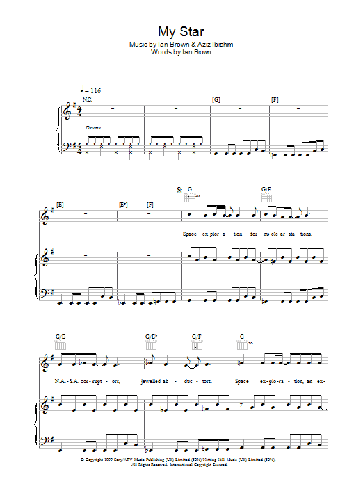 Learn to play Ian Brown My Star sheet music for Piano, Vocal & Guitar Chords in minutes. Price: 7.8900$ Ian Brown My Star sheet music notes and chords arranged for Piano, Vocal & Guitar Chords