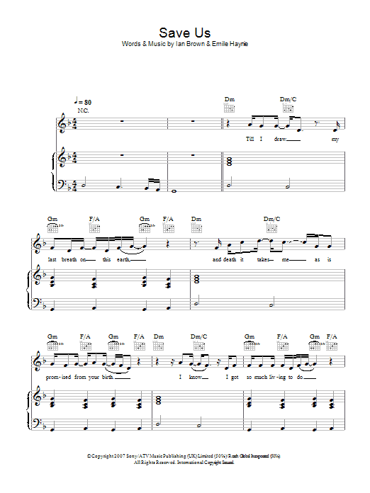 Learn to play Ian Brown Save Us sheet music for Piano, Vocal & Guitar Chords in minutes. Price: 7.8900$ Ian Brown Save Us sheet music notes and chords arranged for Piano, Vocal & Guitar Chords