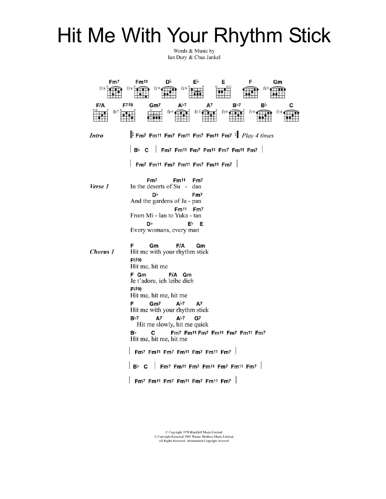 Ian Dury & The Blockheads Hit Me With Your Rhythm Stick sheet music notes and chords. Download Printable PDF.