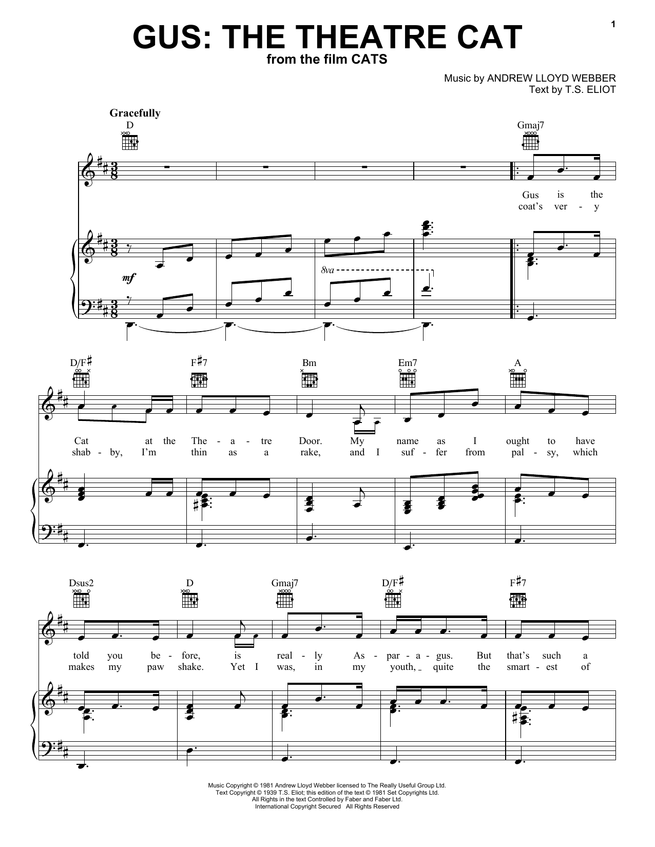 Learn to play Ian McKellen Gus: The Theatre Cat (from the Motion Picture Cats) sheet music for Piano, Vocal & Guitar Chords (Right-Hand Melody) in minutes. Price: 6.9900$ Ian McKellen Gus: The Theatre Cat (from the Motion Picture Cats) sheet music notes and chords arranged for Piano, Vocal & Guitar Chords (Right-Hand Melody)