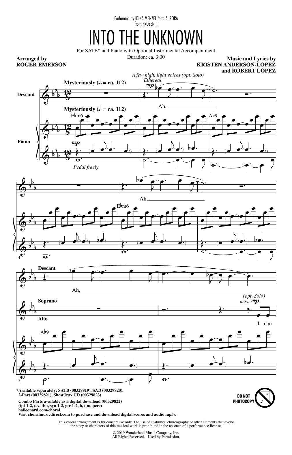 Idina Menzel and AURORA Into The Unknown (from Disney's Frozen 2) (arr. Roger Emerson) sheet music notes and chords. Download Printable PDF.