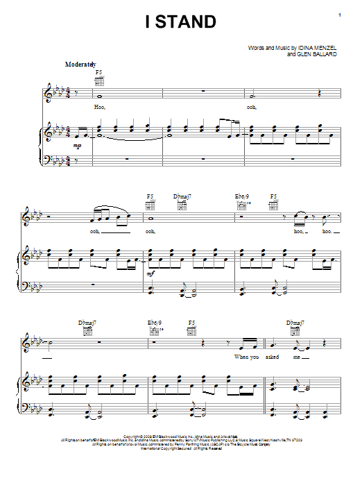 Learn to play Idina Menzel I Stand sheet music for Piano, Vocal & Guitar Chords (Right-Hand Melody) in minutes. Price: 7.8900$ Idina Menzel I Stand sheet music notes and chords arranged for Piano, Vocal & Guitar Chords (Right-Hand Melody)
