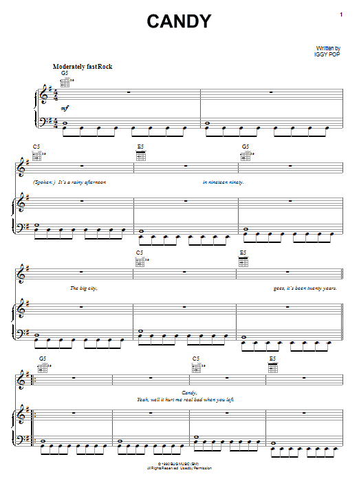 Learn to play Iggy Pop Candy sheet music for Piano, Vocal & Guitar Chords (Right-Hand Melody) in minutes. Price: 7.8900$ Iggy Pop Candy sheet music notes and chords arranged for Piano, Vocal & Guitar Chords (Right-Hand Melody)