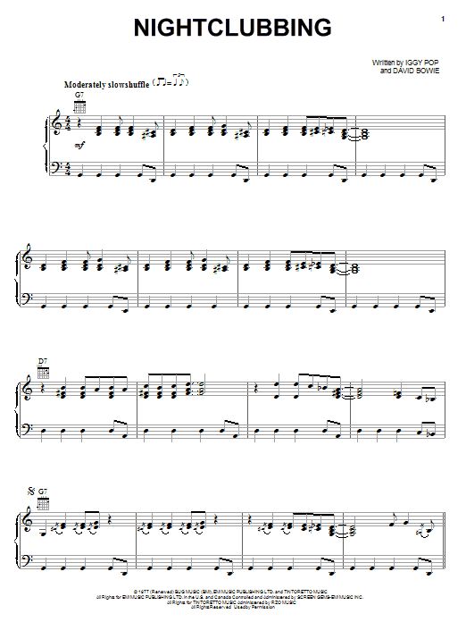 Learn to play Iggy Pop Nightclubbing sheet music for Piano, Vocal & Guitar Chords (Right-Hand Melody) in minutes. Price: 7.8900$ Iggy Pop Nightclubbing sheet music notes and chords arranged for Piano, Vocal & Guitar Chords (Right-Hand Melody)