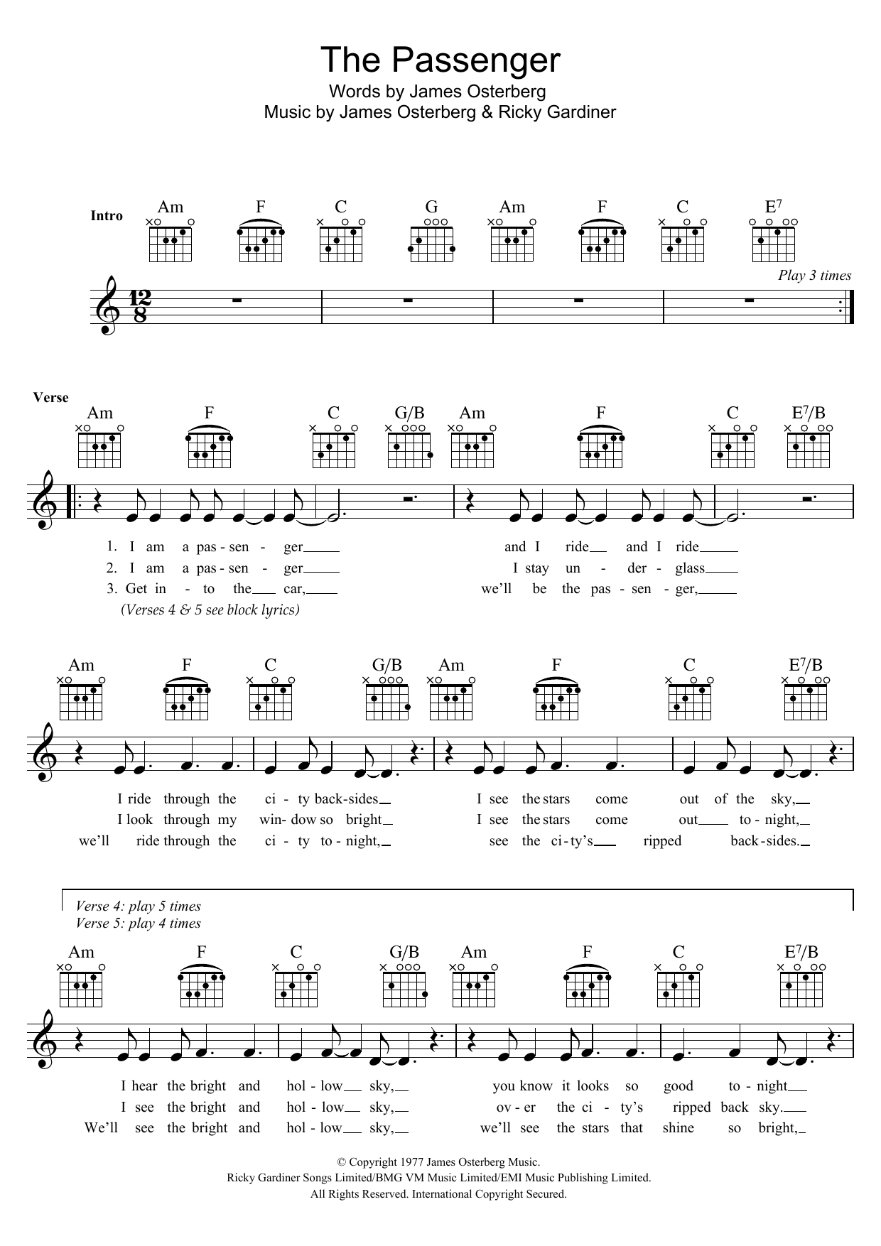 Iggy Pop The Passenger sheet music notes and chords. Download Printable PDF.