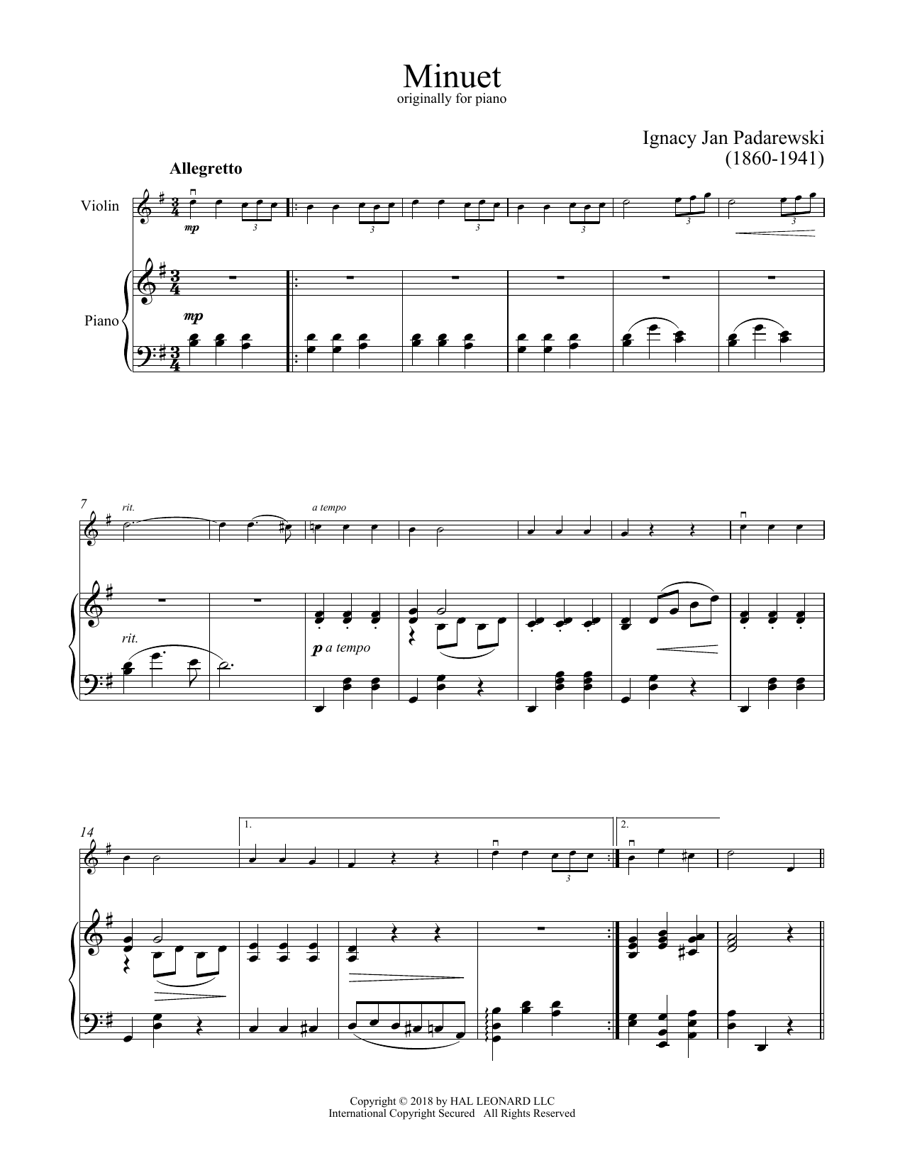 Learn to play Ignacy Jan Padarewski Minuet In G sheet music for Violin and Piano in minutes. Price: 7.8900$ Ignacy Jan Padarewski Minuet In G sheet music notes and chords arranged for Violin and Piano