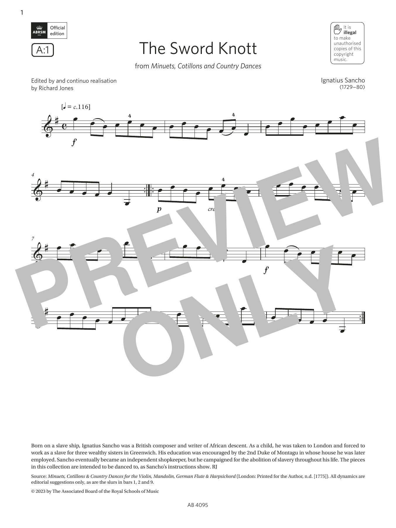 Ignatius Sancho The Sword Knott (Grade 1, A1, from the ABRSM Violin Syllabus from 2024) sheet music notes and chords. Download Printable PDF.