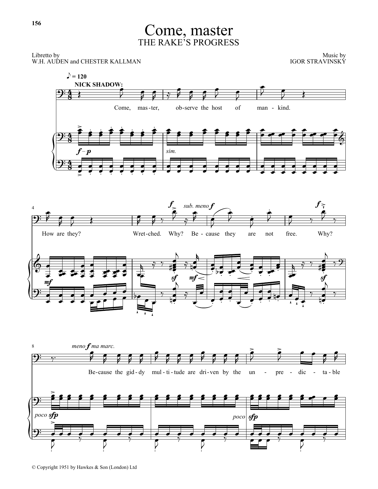 Igor Stravinsky Come, master (from The Rake's Progress) sheet music notes and chords. Download Printable PDF.