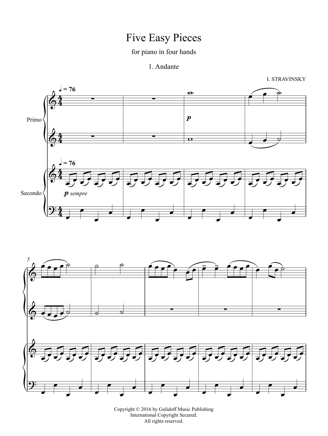 Igor Stravinsky Five Easy Pieces for piano in four hands, No. 1: Andante sheet music notes and chords. Download Printable PDF.