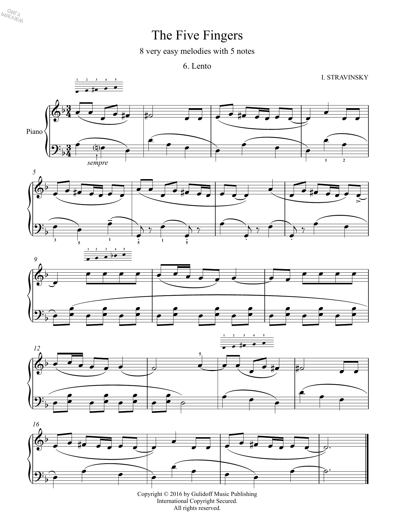 Igor Stravinsky Five Fingers: 6. Lento sheet music notes and chords. Download Printable PDF.