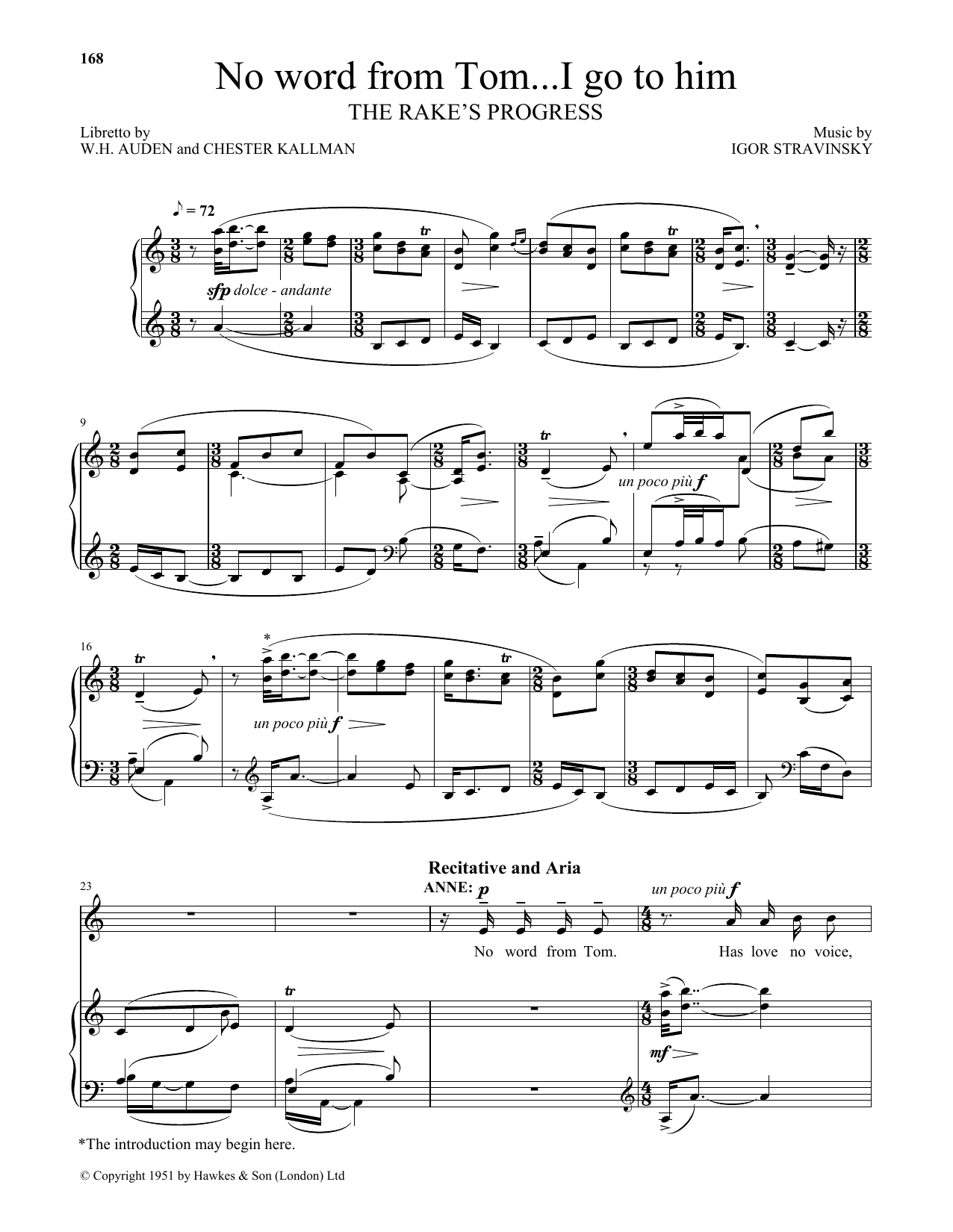 Igor Stravinsky No word from Tom...I go to him (from The Rake's Progress) sheet music notes and chords. Download Printable PDF.