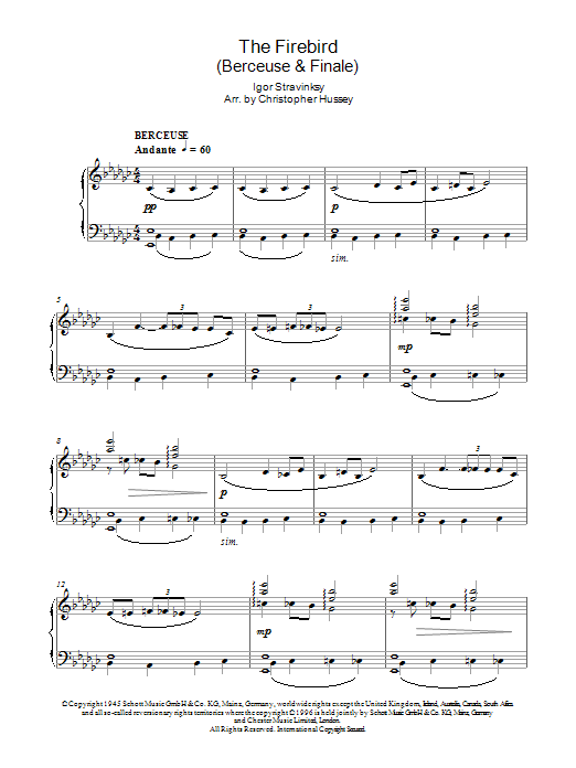 Learn to play Igor Stravinsky The Firebird (Berceuse & Finale) sheet music for Piano Solo in minutes. Price: 7.8900$ Igor Stravinsky The Firebird (Berceuse & Finale) sheet music notes and chords arranged for Piano Solo