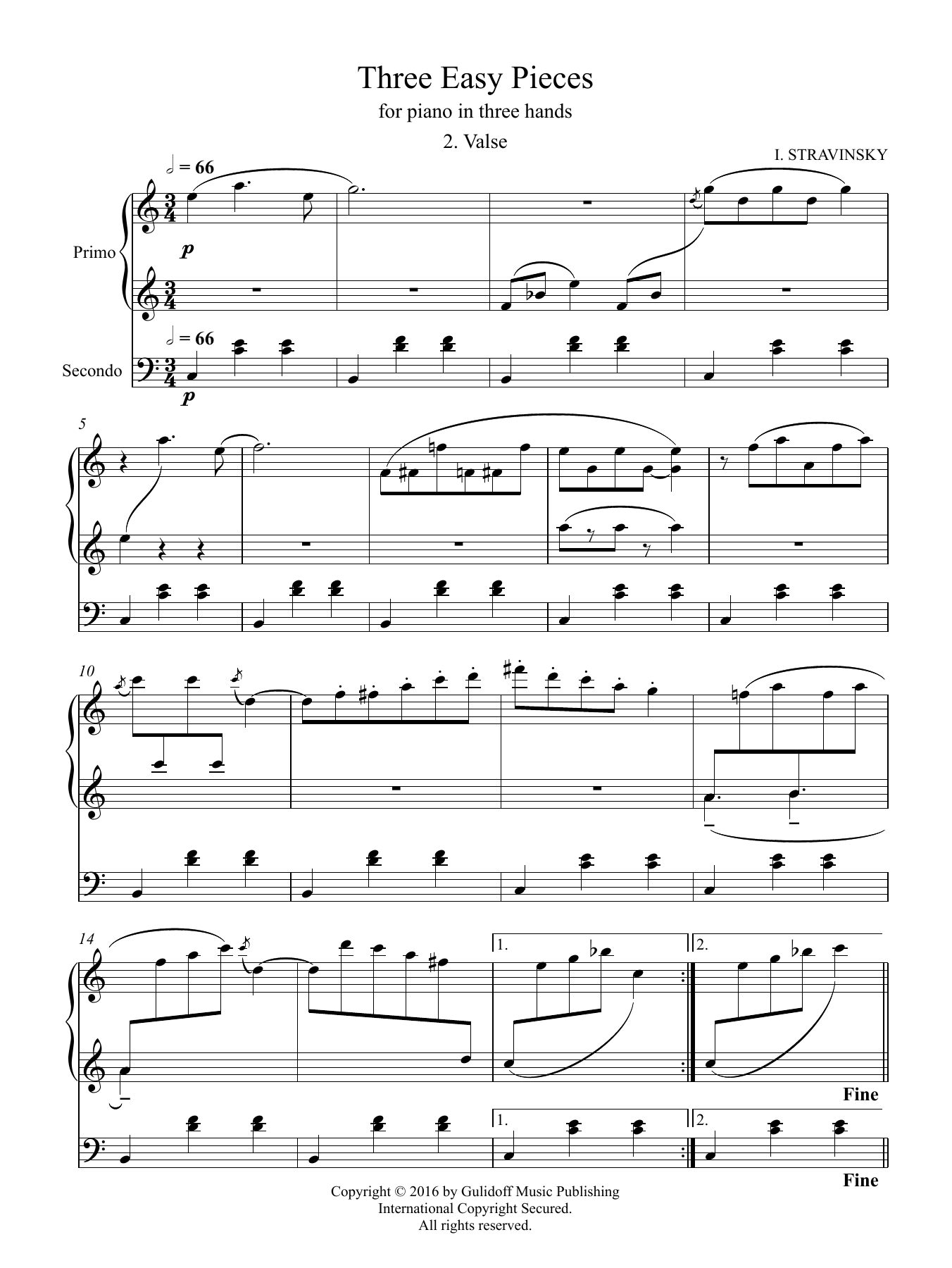Learn to play Igor Stravinsky Three Easy Pieces for piano in three hands 2. Valse sheet music for Piano Duet in minutes. Price: 4.4900$ Igor Stravinsky Three Easy Pieces for piano in three hands 2. Valse sheet music notes and chords arranged for Piano Duet