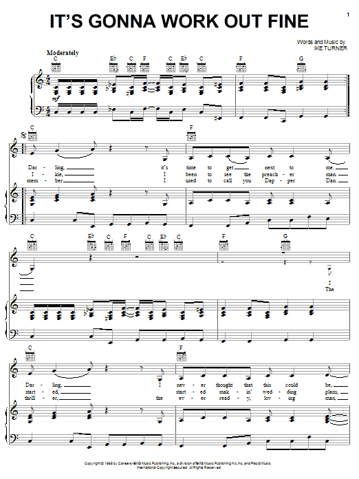 Learn to play Tina Turner It's Gonna Work Out Fine sheet music for Piano, Vocal & Guitar Chords (Right-Hand Melody) in minutes. Price: 7.8900$ Tina Turner It's Gonna Work Out Fine sheet music notes and chords arranged for Piano, Vocal & Guitar Chords (Right-Hand Melody)