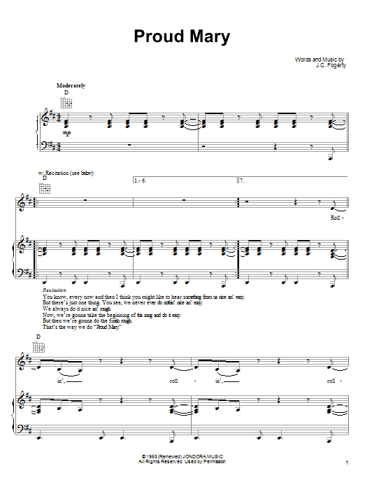 Ike & Tina Turner Proud Mary sheet music notes and chords arranged for Oboe Solo