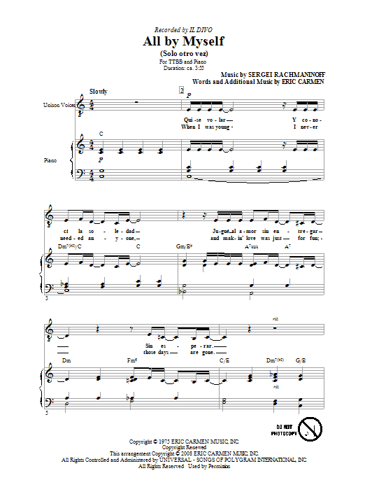 Il Divo All By Myself sheet music notes and chords arranged for TTBB Choir