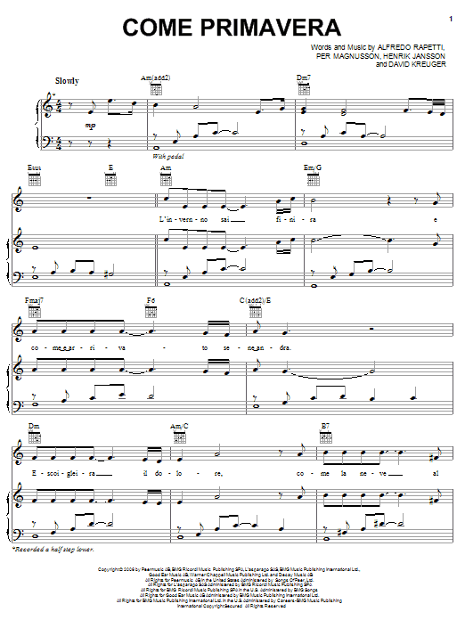 Il Divo Come Primavera sheet music notes and chords arranged for Piano, Vocal & Guitar Chords (Right-Hand Melody)