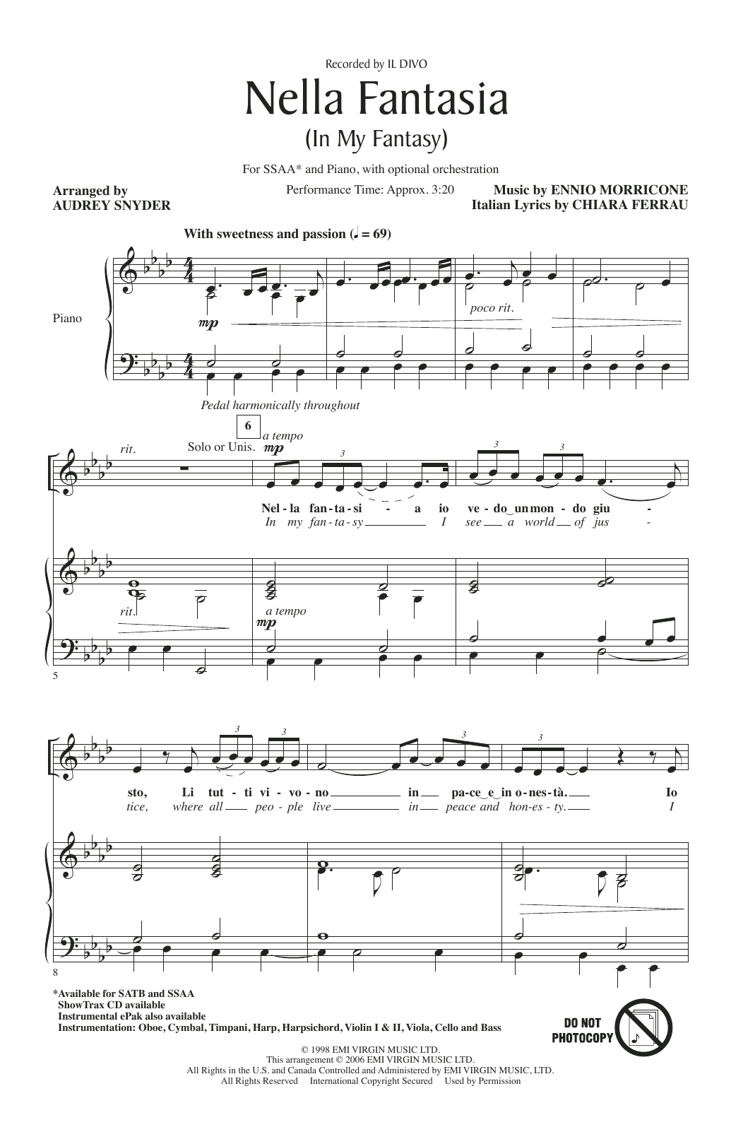 Il Divo Nella Fantasia (In My Fantasy) (arr. Audrey Snyder) sheet music notes and chords. Download Printable PDF.