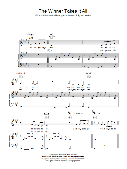 Il Divo The Winner Takes It All sheet music notes and chords arranged for Piano, Vocal & Guitar Chords