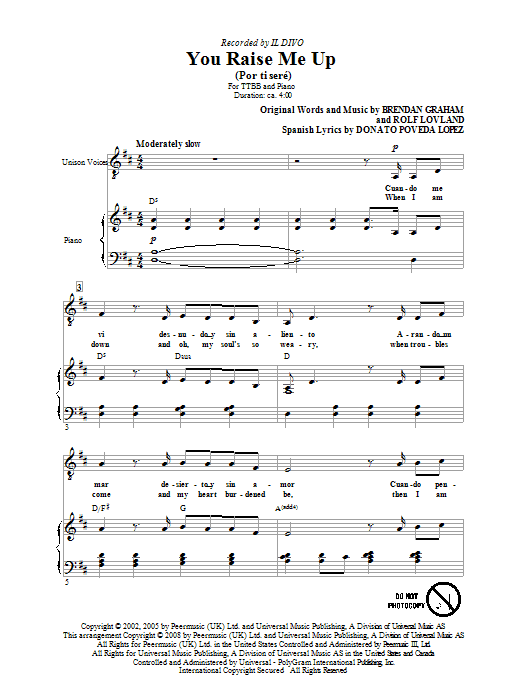 Il Divo You Raise Me Up sheet music notes and chords. Download Printable PDF.