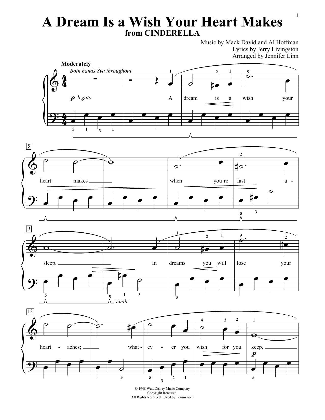Learn to play Linda Ronstadt A Dream Is A Wish Your Heart Makes (from Disney's Cinderella) (arr. Jennifer Linn) sheet music for Educational Piano in minutes. Price: 6.9900$ Linda Ronstadt A Dream Is A Wish Your Heart Makes (from Disney's Cinderella) (arr. Jennifer Linn) sheet music notes and chords arranged for Educational Piano