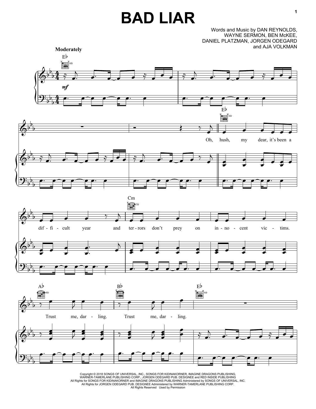 Imagine Dragons Bad Liar sheet music notes and chords. Download Printable PDF.