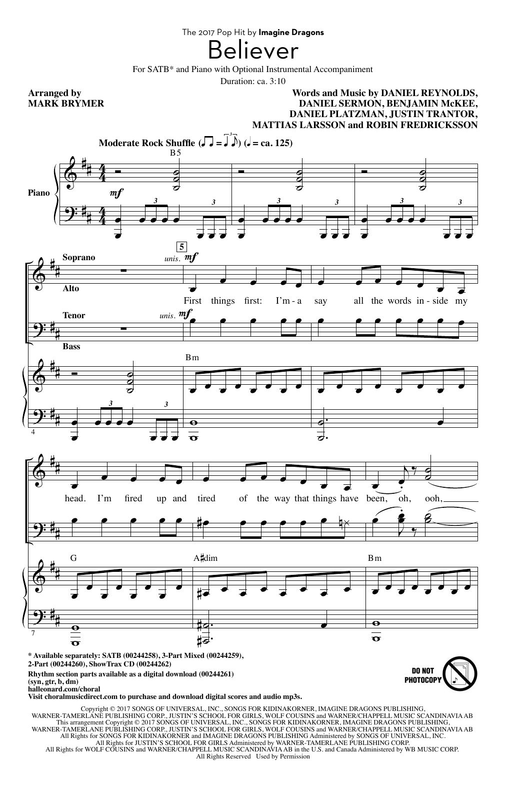 Imagine Dragons Believer (arr. Mark Brymer) sheet music notes and chords. Download Printable PDF.