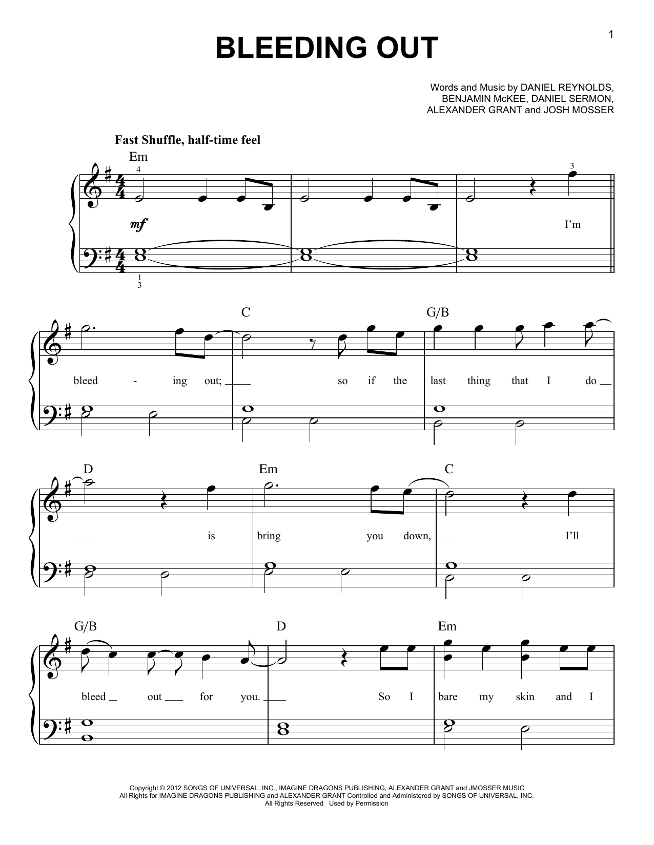 Imagine Dragons Bleeding Out sheet music notes and chords. Download Printable PDF.